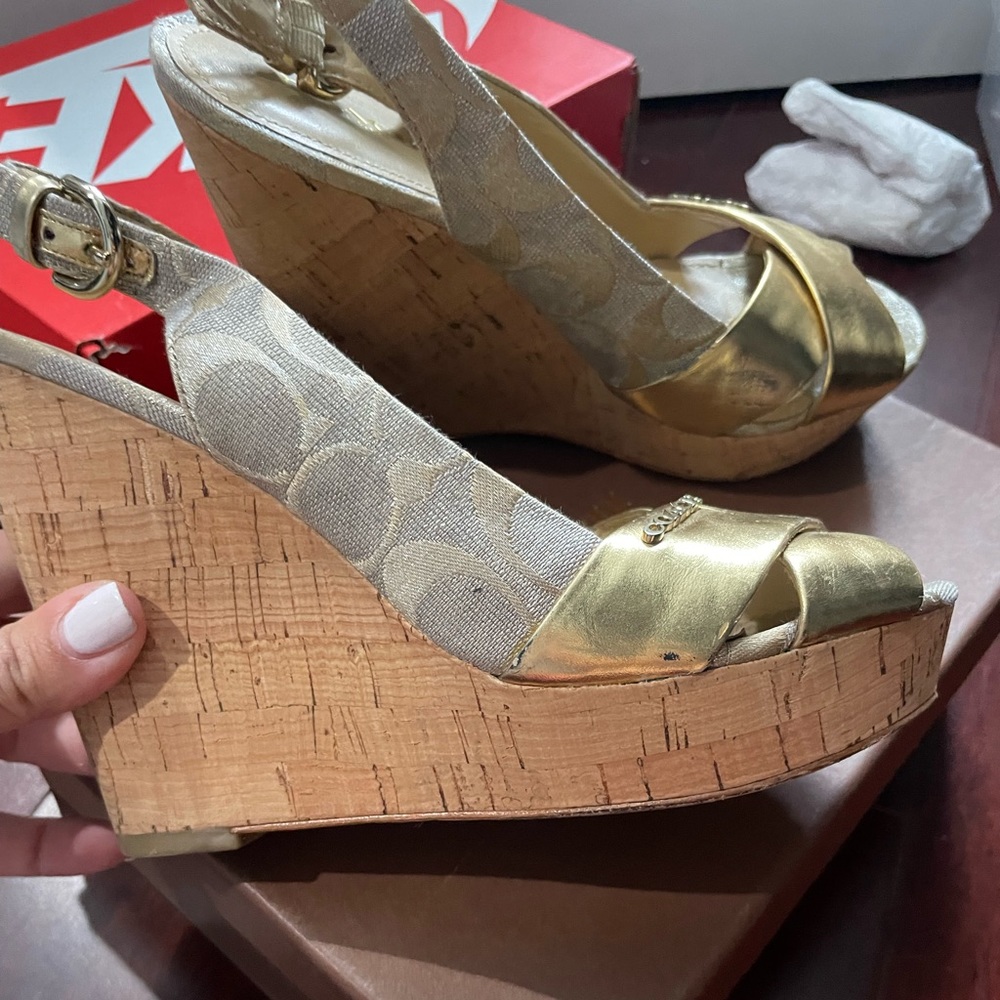 Gold Jessy Leather Canvas Strappy Sandals Wedges size 7.5